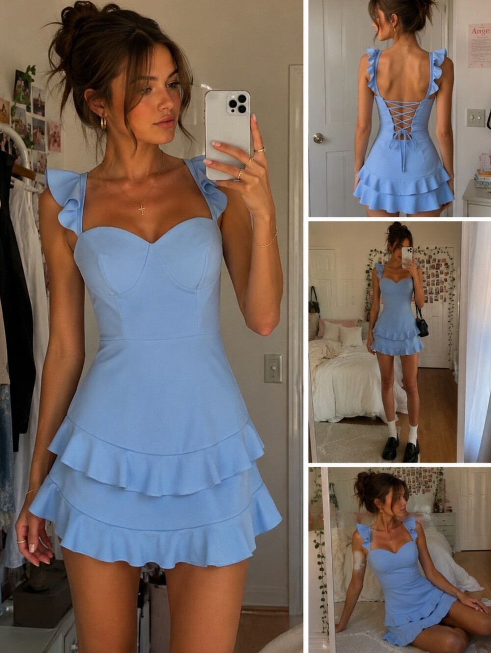 Lucy in the Sky Blue Ruffle Lace Up Back Mini Dress Size M